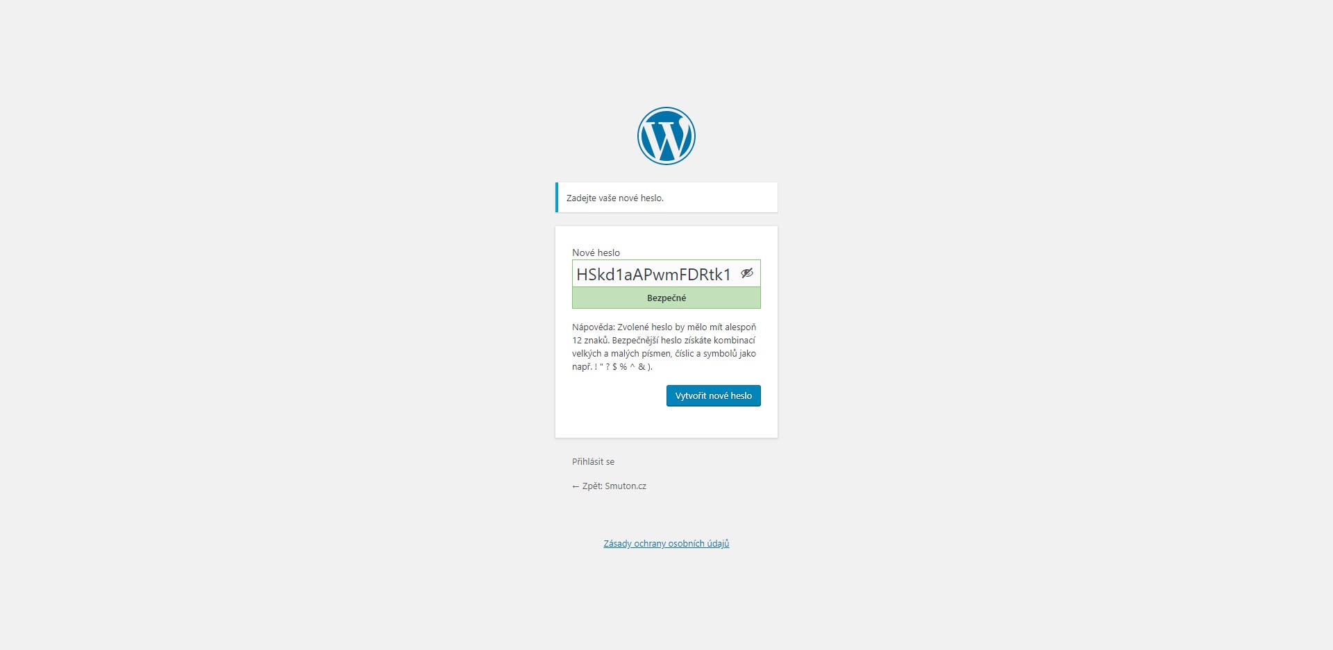 Vygenerování hesla u nového uživatele WordPress