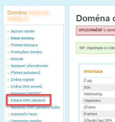 Editace DNS záznamů u Wedos