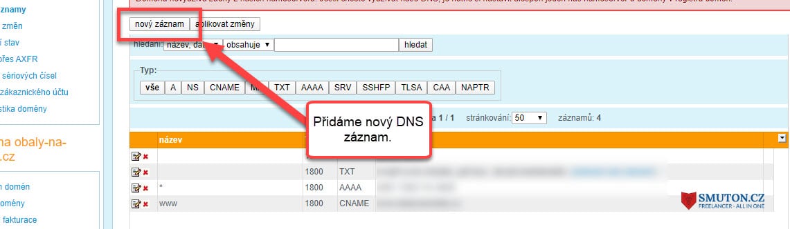 Přidání DNS záznamů u Wedos