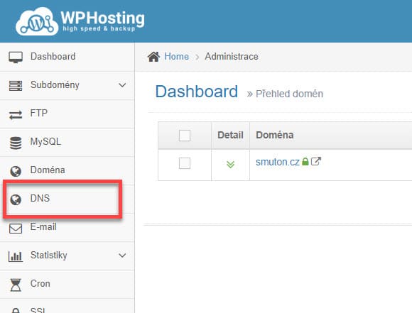 Přechod do editací DNS u WP-hosting