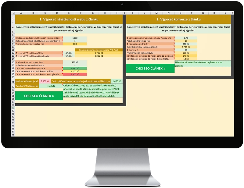Excel kalkulačka pro výpočet hodnoty SEO článku + návratnost investice.