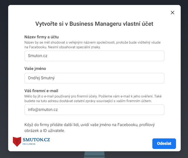 Formulář pro založení Facebook Business Managera