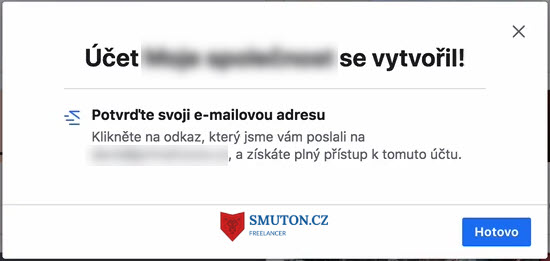 Potvrzovací okno o založení Facebook Business Manager