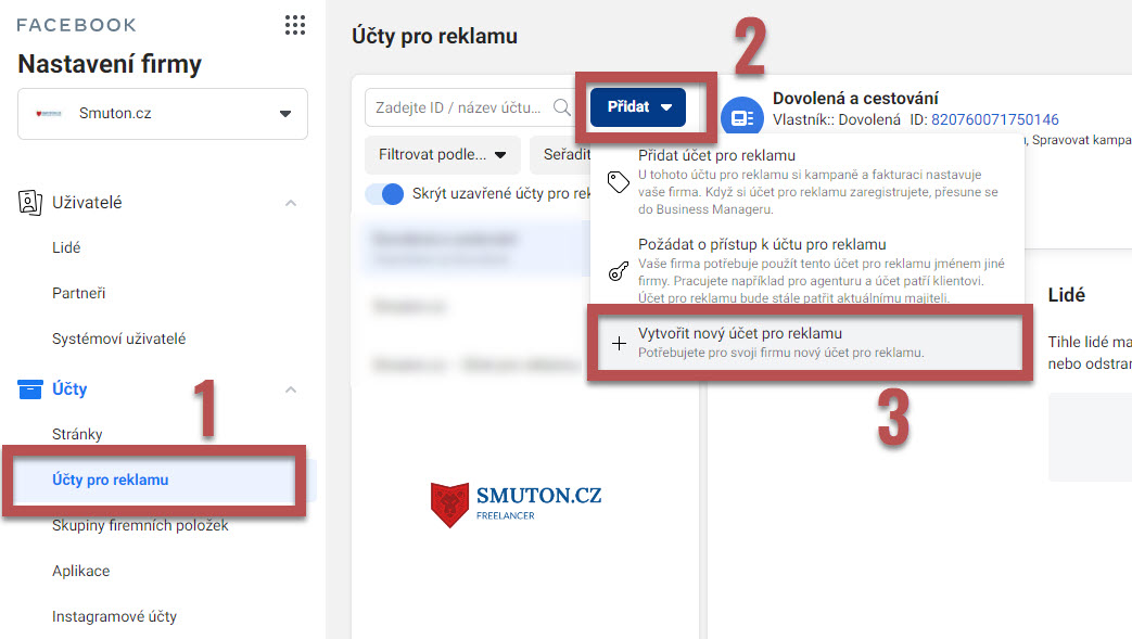 Přidání účtu pro reklamy v Business Manageru
