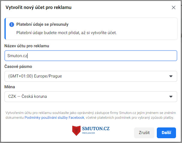 Formulář při tvrobě nového účtu pro reklamu