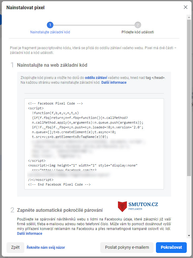 Vygenerovaný FB pixel kód - umístit na web | Smuton.cz