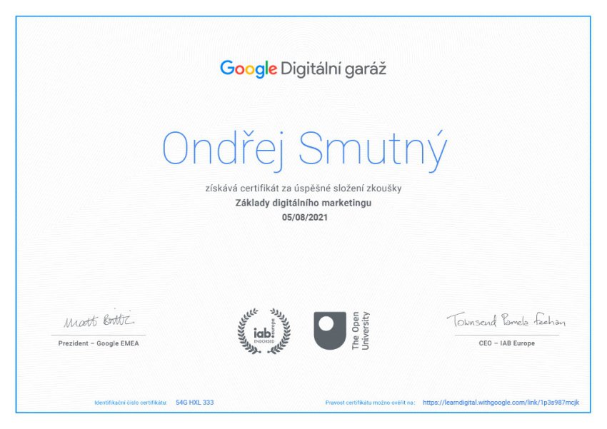 Certifikát Digitální garáž - Ondřej Smutný | Smuton.cz