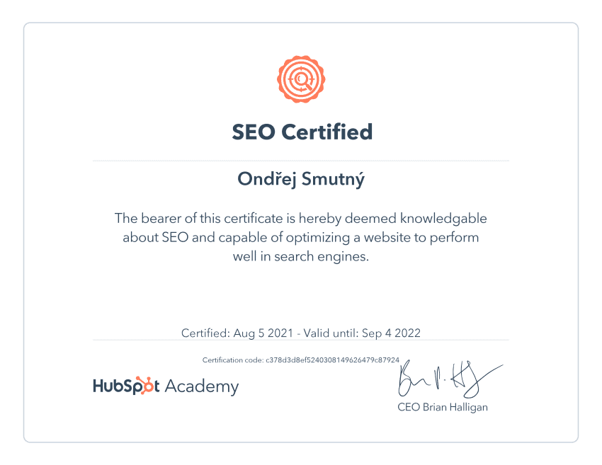 Certifikat od Hubspot Academy - zaměření na SEO