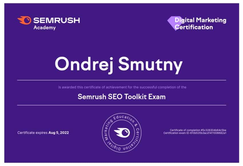 Certifikát Semrush SEO Toolkit Exam - Ondřej Smutný