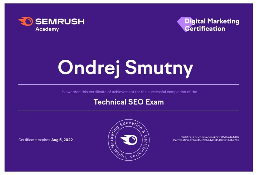 certifikat semrush technicke seo