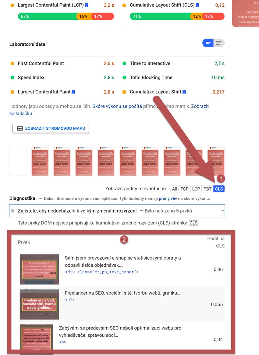 Identifikace CLS prvků v PageSpeed Insights