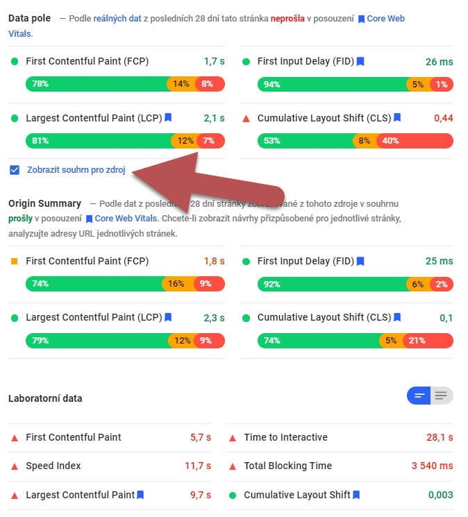 Tři různé výsledky z PageSpeed Insights