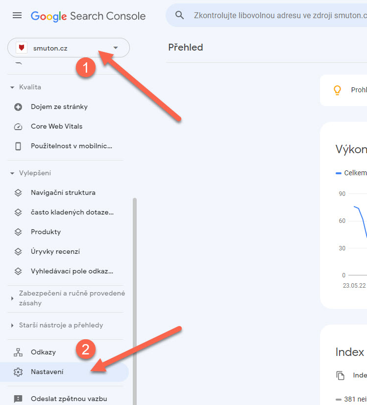 Přechod do nastavení v Google Search Console | Smuton.cz