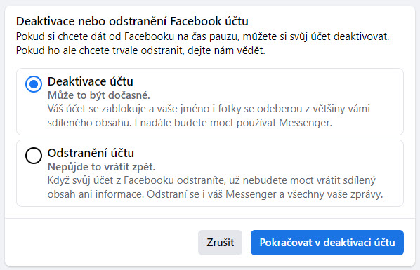 Trvale odstranit nebo deaktivovat Facebook účet?